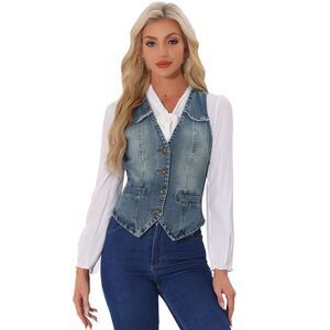 Denim Vest Sleeveless V Neck Washed Distressed Jean Jacket Gray Blue